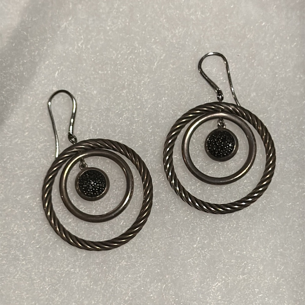 DAVID YURMAN STERLING SILVER BLACK DIAMOND MOBILE CIRCLE EARRINGS Authentic